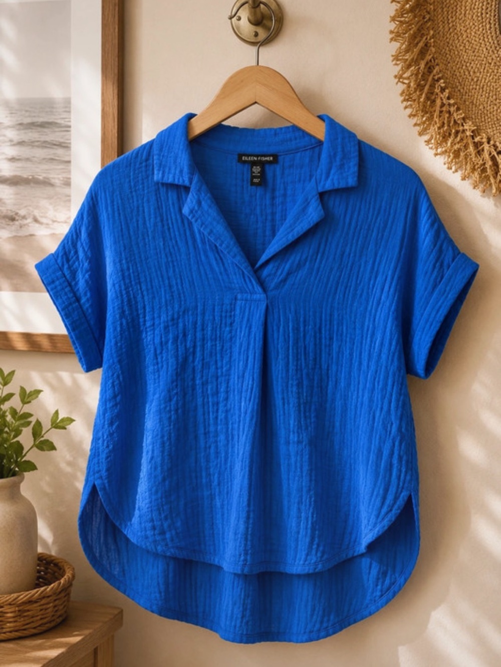 Eileen Fisher Bright Blue Short-Sleeve Collar Button Down